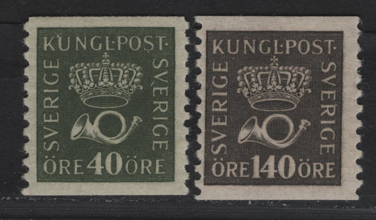 Lot 63 Sweden SC#146var, 158var (Facit# 158, 173bz) 40o - 140o Olive Green - Gray Black Crown & Post Horn, 1920-1934 Crown & Post Horn Issue, 2 F/VFOG Singles, 40o type 1, KPL Wmk