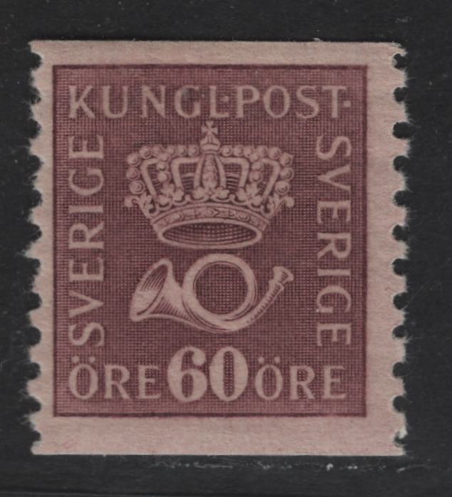 Lot 65 Sweden SC#148 (Facit# 162b) 60o Claret on Yellow Crown & Post Horn, 1920-1934 Crown & Post Horn Issue, A FOG Single, Type 1, Rose Tinted Thinner Paper With Clear Horizontal Mesh