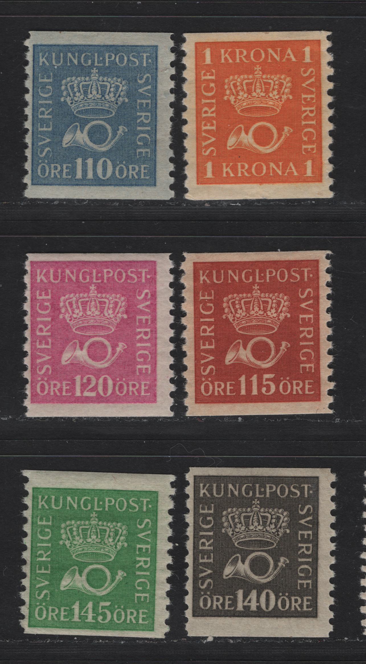 Lot 67 Sweden SC#153-155, 157-159 (Facit# 168a, 169a, 170a, 172a, 173a, 174a) 1kr - 145o Reddish Orange - Emerald Green Crown & Post Horn, 1920-1934 Crown & Post Horn Issue, 6 F/VFOG Singles, All Better 'First' Shades As Listed In Facit