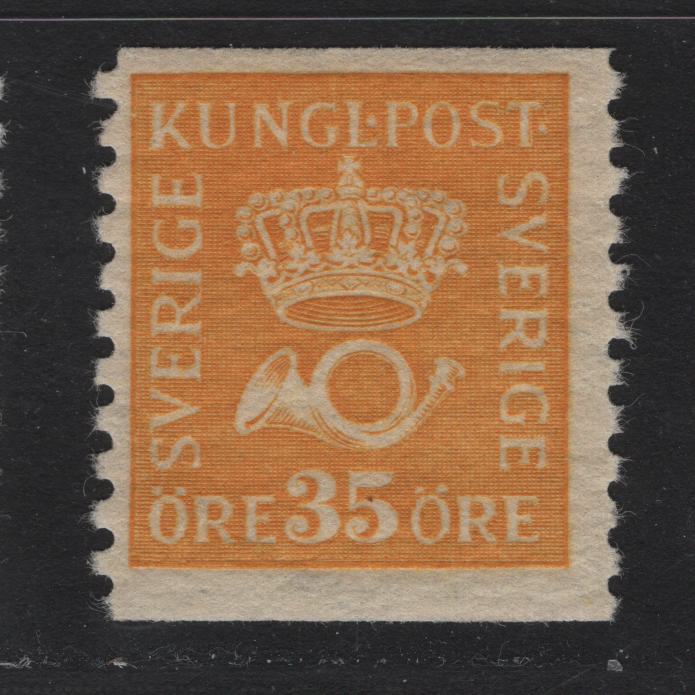 Lot 69 Sweden SC#160 35o Yellow Crown & Post Horn, 1920-1934 Crown & Post Horn Issue, A FOG Single, Watermarked