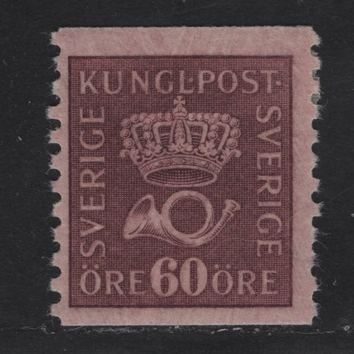 Lot 70 Sweden SC#161 60o Red Violet Crown & Post Horn, 1920-1934 Crown & Post Horn Issue, A FOG Single, Watermarked