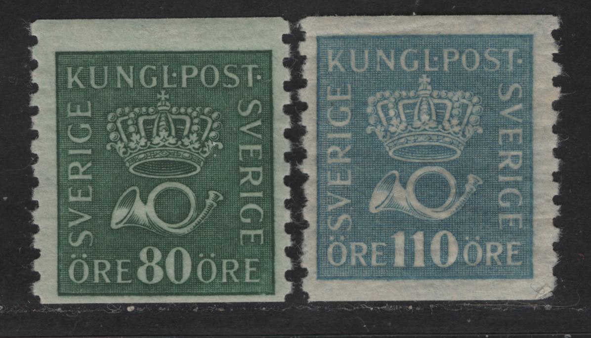 Lot 71 Sweden SC#162-163 80o - 110o Blue Gren - Grayish Ultramarine Blue Crown & Post Horn, 1920-1934 Crown & Post Horn Issue, 3 FOG Single