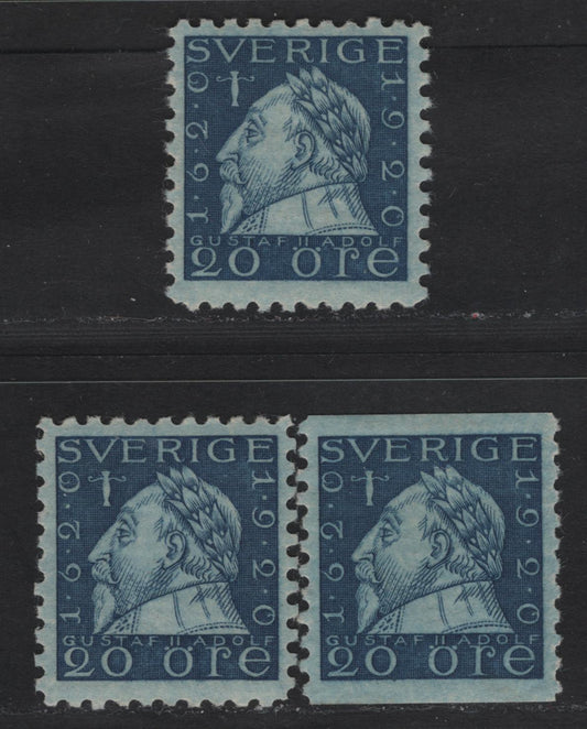 Lot 72 Sweden SC#164, 166 *Facit# 152Ab, 152ca, 152cbz) 20o Deep Blue , 1920 Gustavus Asolphus Issue, 3 VFOG Singles, Perf 10, Unwatermarked & Wmk KPV, Soft Felt-Like Paper.