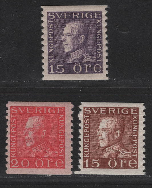 Lot 73 Sweden SC#167, 169, 171 15o - 20o Violet - Rose King Gustaf V, 1921-1936 King Gustaf V Issue, 3 F/VFOG Singles