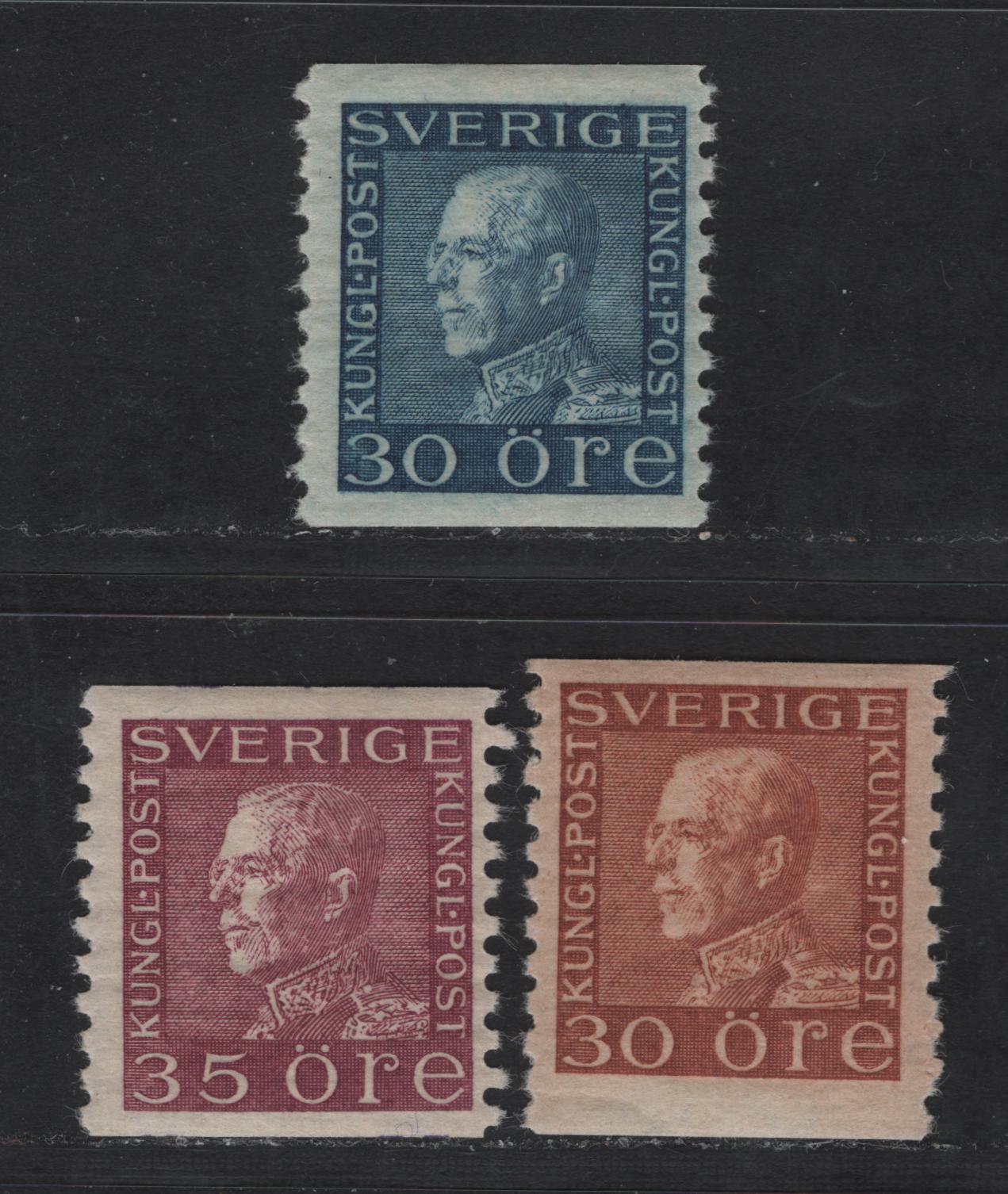 Lot 80 Sweden SC#178-179, 181 30o - 35o Blue -Red Violet King Gustaf V, 1921-1936 King Gustaf V Issue, 3 FOG Singles