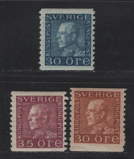 Lot 80 Sweden SC#178-179, 181 30o - 35o Blue -Red Violet King Gustaf V, 1921-1936 King Gustaf V Issue, 3 FOG Singles