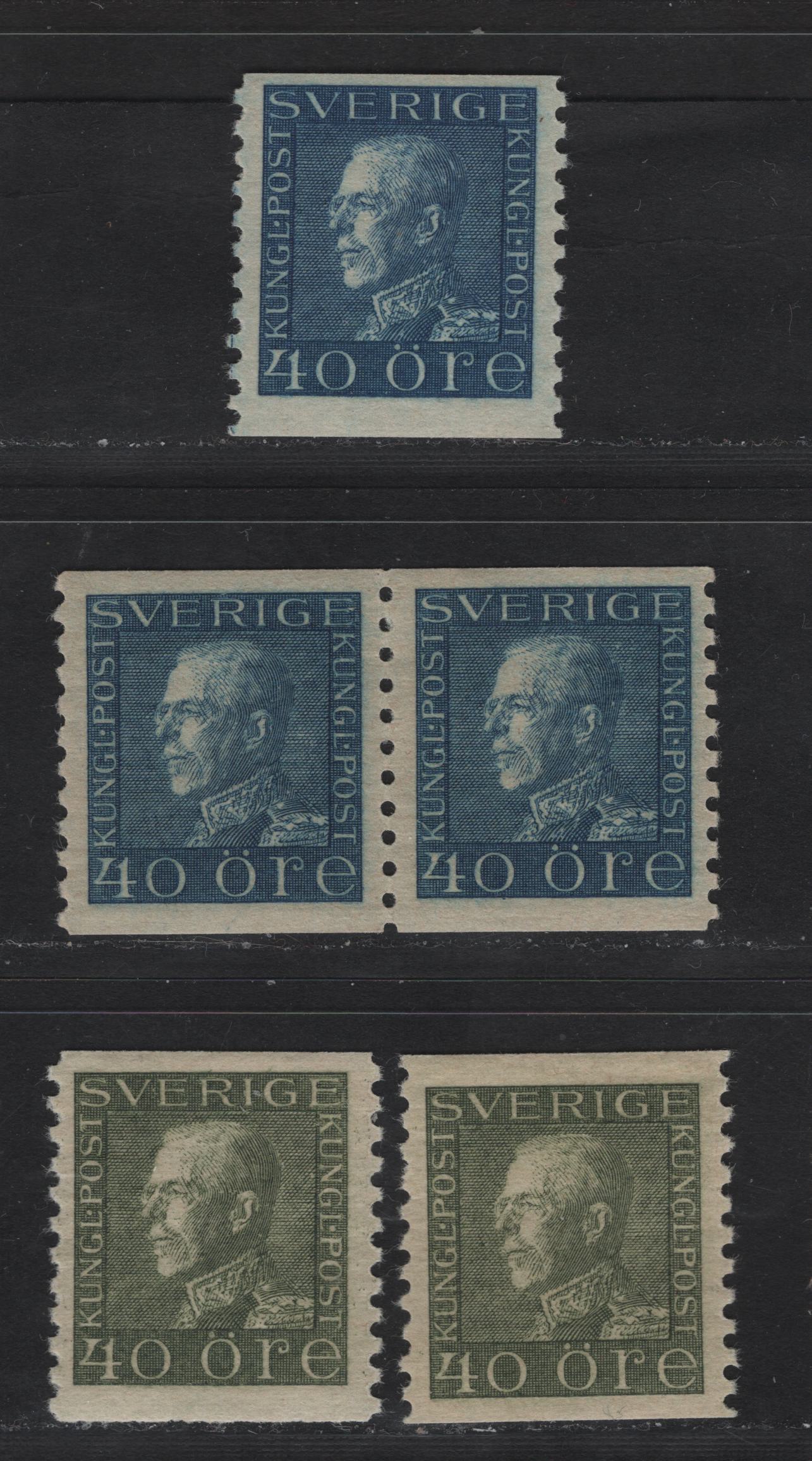 Lot 81 Sweden SC#182-183 (Facit# 188a-b, 189a-b) 40o Greenish Blue -Olive Green King Gustaf V, 1921-1936 King Gustaf V Issue, 4 F/VFOG Singles