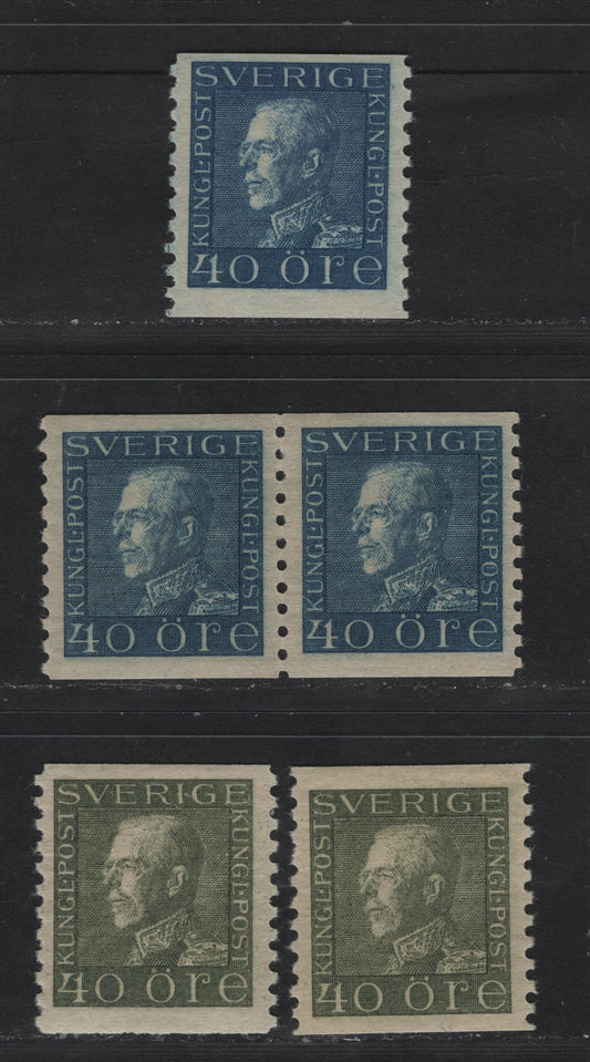 Lot 81 Sweden SC#182-183 (Facit# 188a-b, 189a-b) 40o Greenish Blue -Olive Green King Gustaf V, 1921-1936 King Gustaf V Issue, 4 F/VFOG Singles