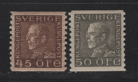 Lot 82 Sweden SC#184-185 (Facit# 191a, 192a) 45o - 50o Dull Brown - Olivish Gray King Gustaf V, 1921-1936 King Gustaf V Issue, 2 VFOG Singles, 45o On A1 Paper (Non-Translucent With Clear Mesh), 50o On Yellowish Paper With No Mesh