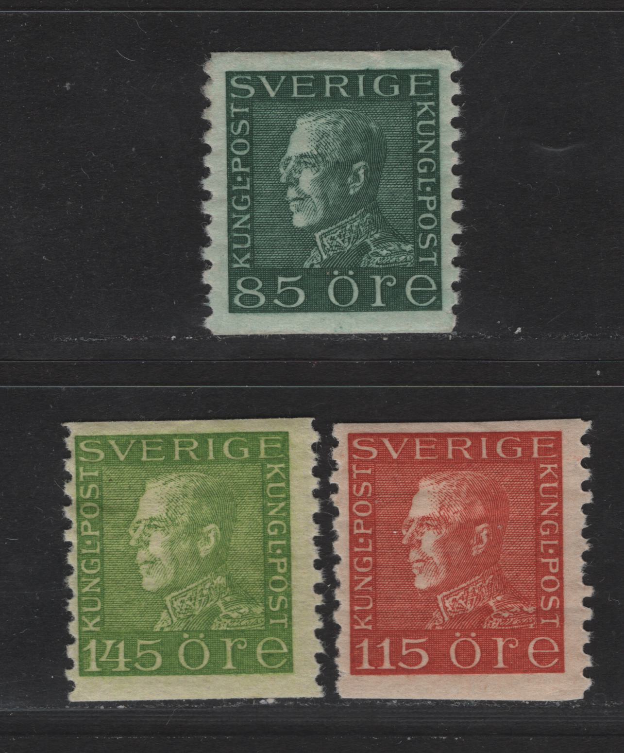 Lot 83 Sweden SC#186-188 85o - 145o Myrtle Green - Apple Green King Gustaf V, 1921-1936 King Gustaf V Issue, 3 F/VFOG Singles