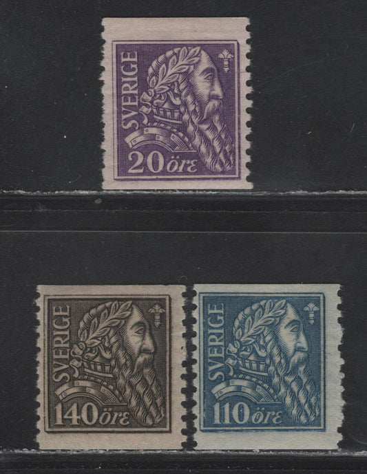 Lot 86 Sweden SC#194-196 20o - 140o Violet - Gray Black , 1921 Gustavus Vasa Issue, 3 FOG Singles