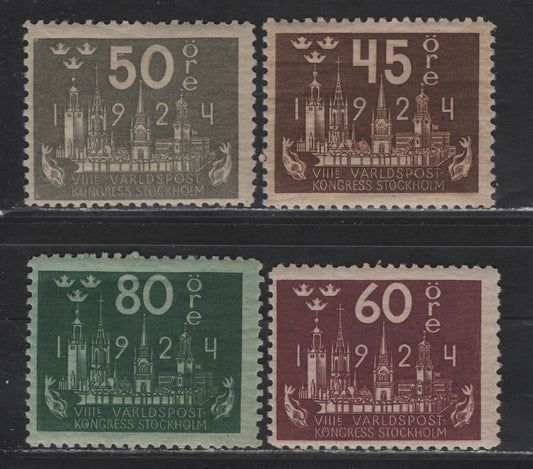 Lot 89 Sweden SC#205-208 45o - 80o Deep Brown - Myrtle Green Stockholm SkylineKing Gustaf V, 1924 UPU Issue, 4 F/VFOG Singles