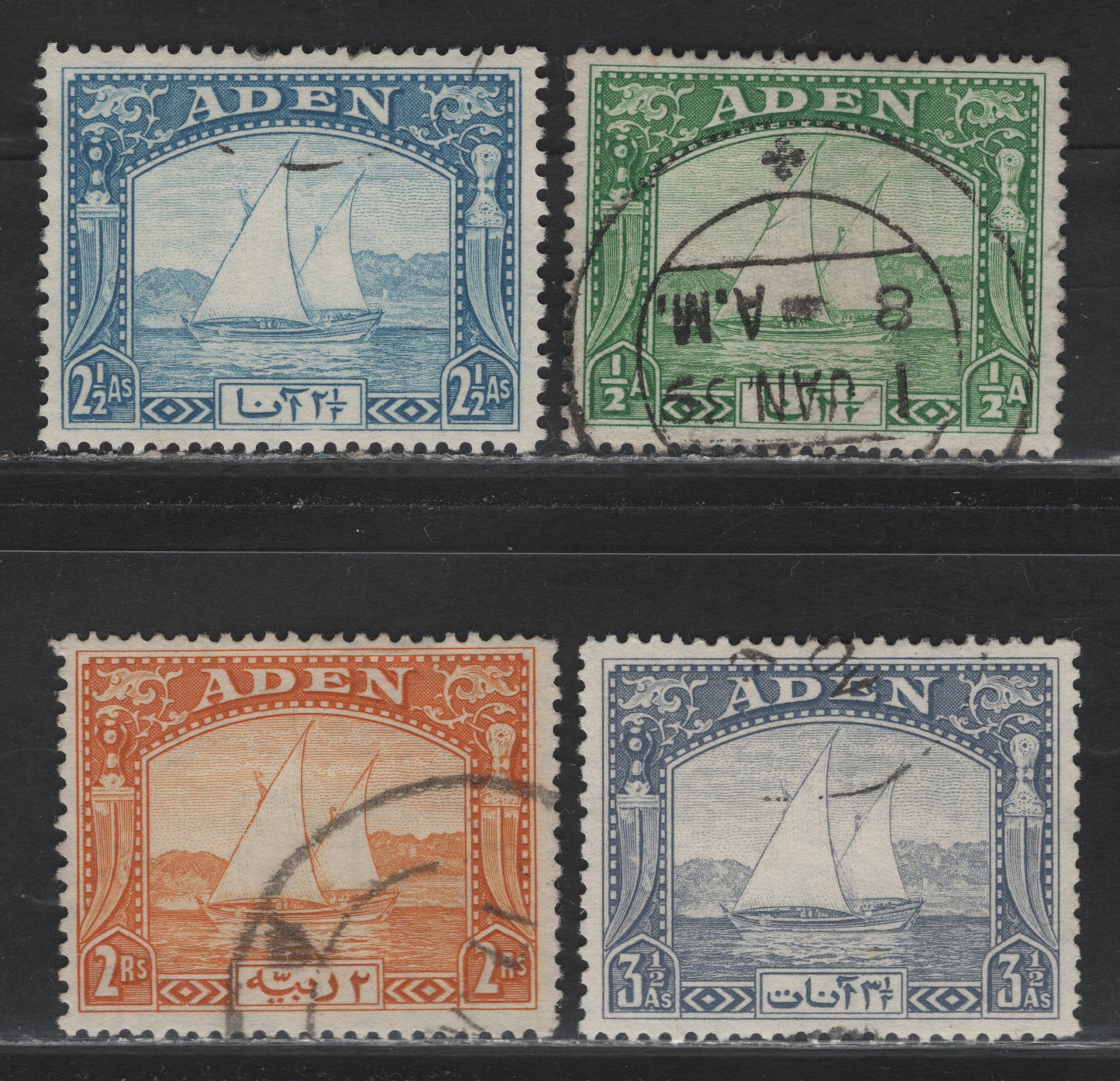 Lot 95 Aden (C) SG#1, 5, 7, 10 1/2a - 2r Yellow Green - Yellow Dhow, 1937-1939 Dhow Issue, 4 Fine/Very Fine Used Singles