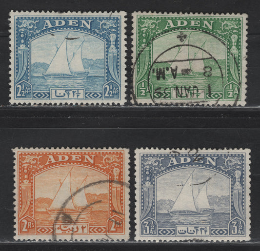 Lot 95 Aden (C) SG#1, 5, 7, 10 1/2a - 2r Yellow Green - Yellow Dhow, 1937-1939 Dhow Issue, 4 Fine/Very Fine Used Singles