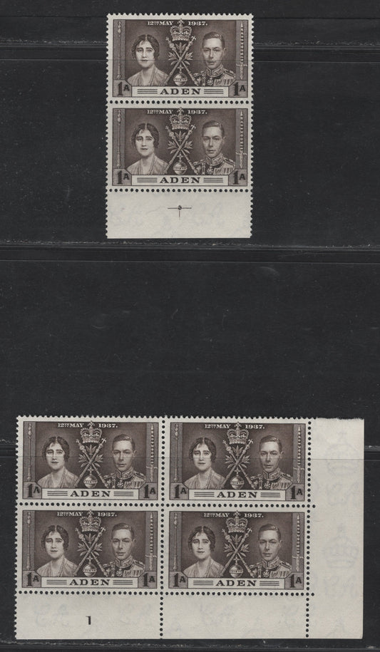 Lot 97 Aden (C) SG#13 1a Sepia Coronation, 1937 Coronation Issue, 2 VFOG LR Block Of 4 & Sheet Margin Pair, Plate 1, Hinged On 2 Lower Stamps, Top Stamps NH, Marking Hinged On Lower Stamp, NH On Top Stamp.