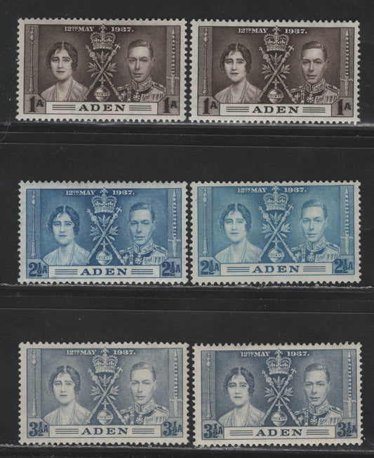 Lot 98 Aden (C) SG#13-15 1a - 3.5a Sepia - Gray Blue Coronation, 1937 Coronation Issue, 6 VFOG Singles, 2 Distinct Shades Of Each Value