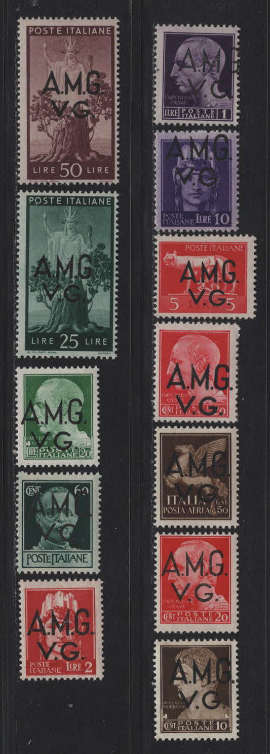 Lot 103 Italy - Allied Gov't In Venezia Giulia SC#1LN1, 1LN2-7, 1LN7B, 1LN9-12 10c - 50l Dark Olive Brown - Dark Violet Brown , 1945-1946 AMG Overprinted Definitive Issue, 12 F/VFOG Singles