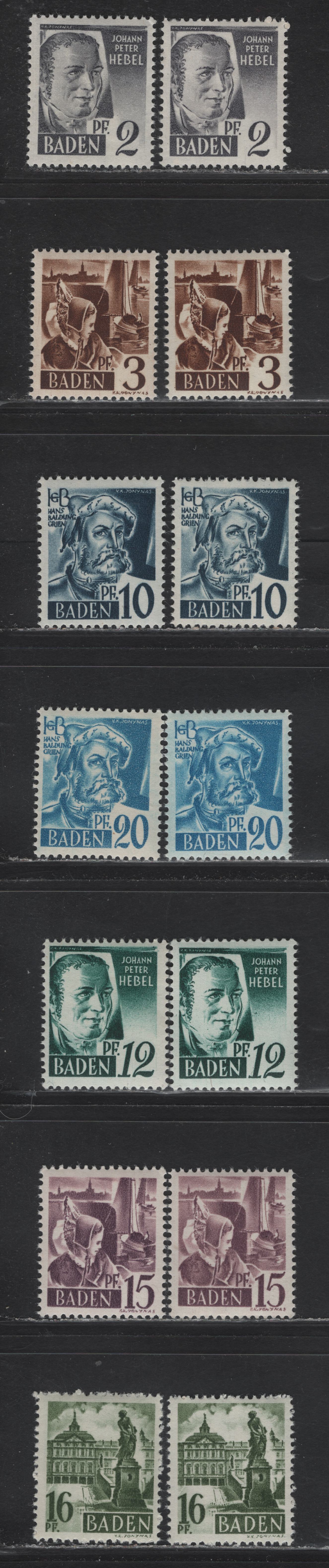 Lot 105 Germany - French Occupation of Baden SC#5N1-5N8 (Michel 1YVI/7YvII) 2pf - 16pf Gray - Olive Green , 1947 Pictorial Issue, 14 F/VFNH Singles, Various Types, Paper Y (White With Shiny White Gum)