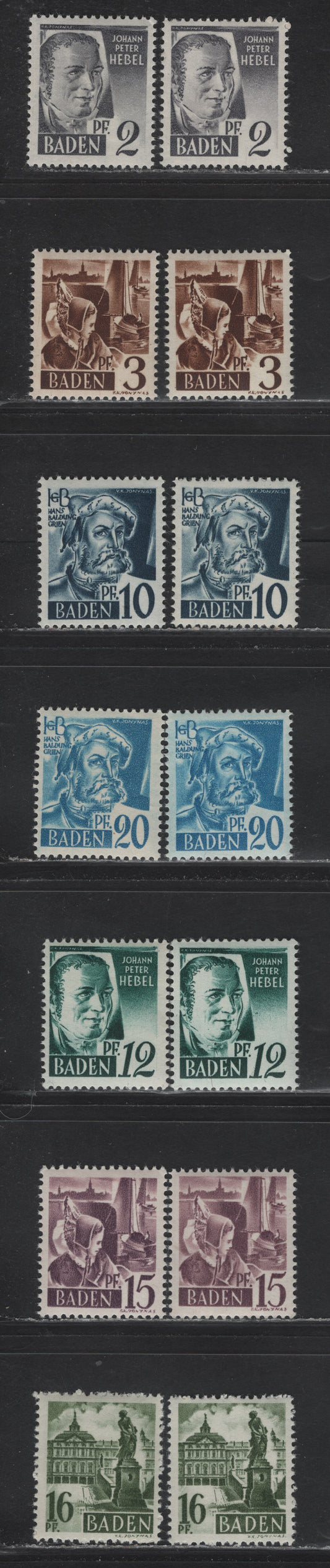 Lot 105 Germany - French Occupation of Baden SC#5N1-5N8 (Michel 1YVI/7YvII) 2pf - 16pf Gray - Olive Green , 1947 Pictorial Issue, 14 F/VFNH Singles, Various Types, Paper Y (White With Shiny White Gum)