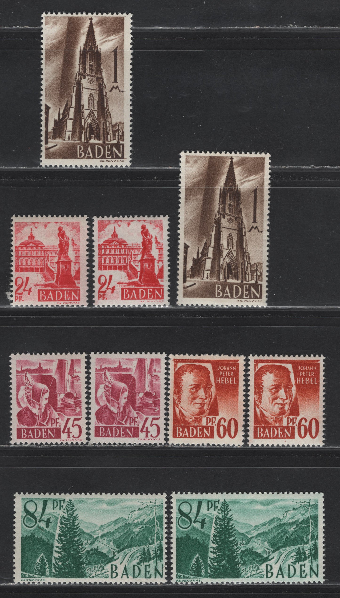 Lot 106 Germany - French Occupation of Baden SC#5N8-5N10, 5N12-5N13 (Michel# 8YvIII/13yvII) 24pf - 1m Crimson - Brown , 1947 Pictorial Issue, 10 F/VFNH Singles, Various Types, Paper Y (White With Shiny White Gum)