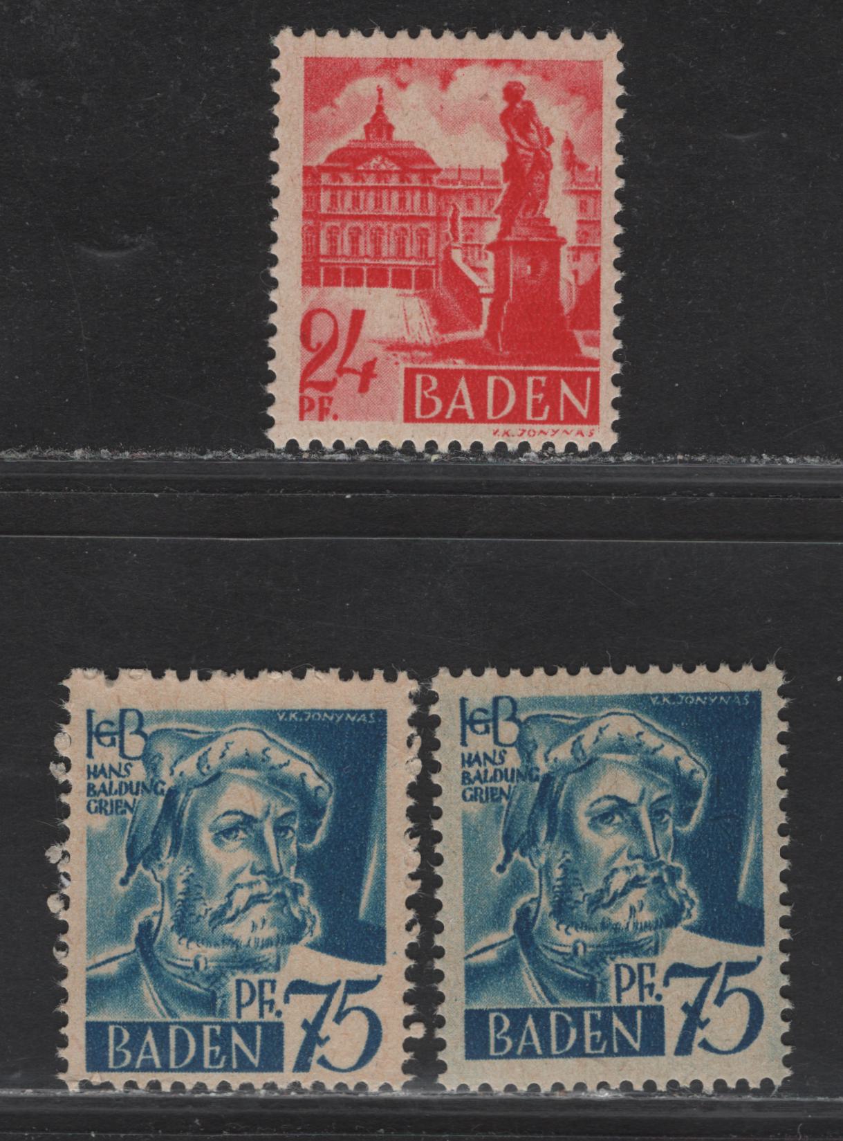 Lot 107 Germany - French Occupation of Baden SC#5N8, 5N11 (Michel# 8vvIII & 11vvI-II) 24pf - 75pf Crimson - Bright Blue , 1947 Pictorial Issue, 3 F/VFNH Singles, Paper V (Toned) Smooth, Shiny Gum, 24pf Is type III, 75pf Is Both Types 1 & 2