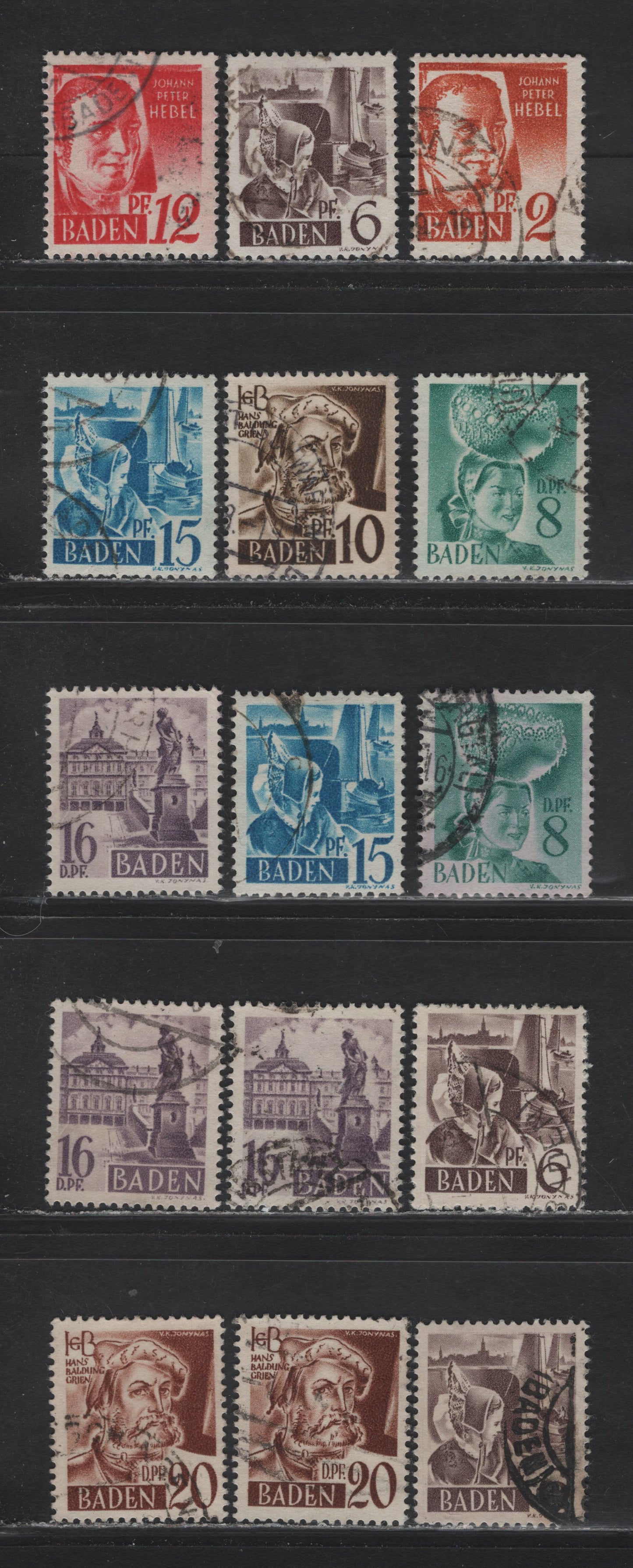 Lot 108 Germany - French Occupation of Baden SC#5N14-5N21 (Michel# 14YaII/21YII) 2pf - 20pf Deep Orange - Deep Brown , 1948 Pictorial Issue, 14 Fine/Very Fine Used Singles, New Colors, Paper Y ( White)