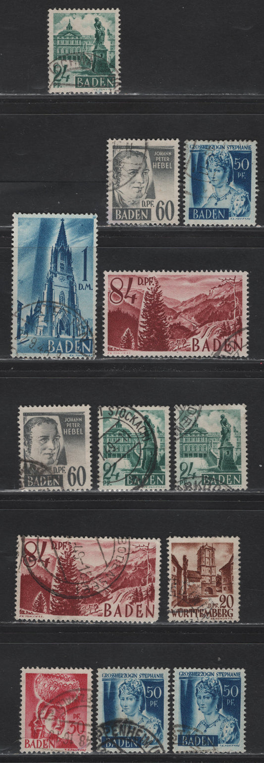 Lot 109 Germany - French Occupation of Baden SC#5N22-5N27, 8N21 (Michel# 22YIII-27YI) 24pf - 1m Dark Green - Bright Blue , 1948 Re-Issued Pictorial Issue, 13 Fine/Very Fine Used Singles, Paper Y ( White)