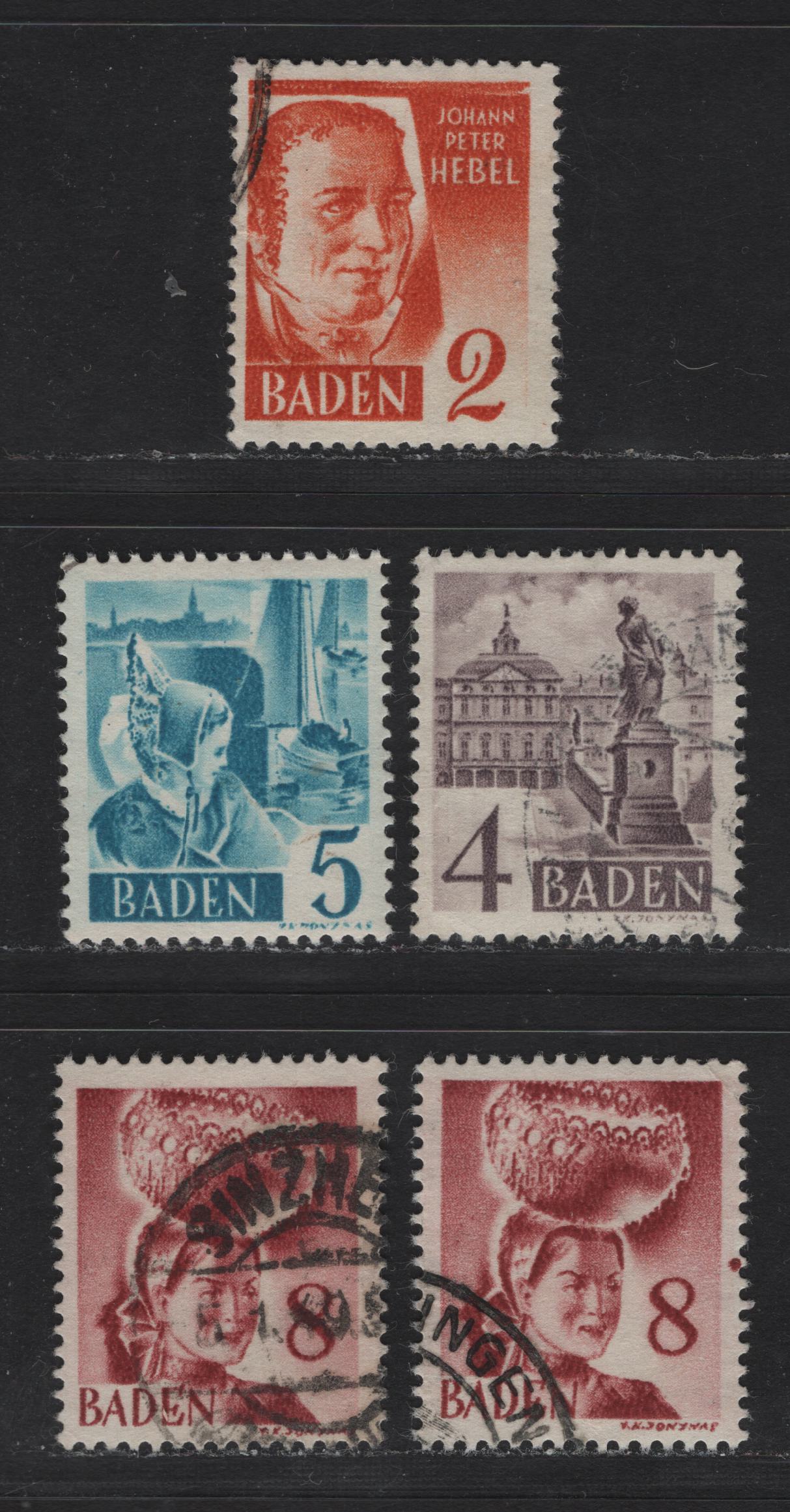 Lot 110 Germany - French Occupation of Baden SC#5N28-5N30, 5N31 (Michel# 28YaI/32yI) 2pf - 8pf Deep Orange - Rose Brown , 1948-1949 3rd Definitive Issue, 5 Fine/Very Fine Used Singles, Without PF on Paper Y (White)