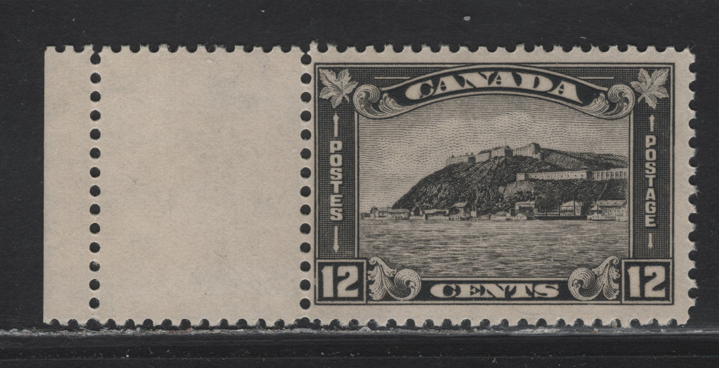 Lot 11 Canada (C) #174 12c Gray Black Quebec Citadel, 1930-1931 Arch/Leaf Issue, A FOG Left Sheet Margin Single, BABN-VV Paper, Perf 10.9x10.8, Full Stamp Sized Label Attached.
