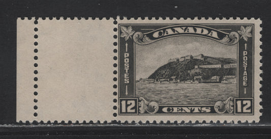 Lot 11 Canada (C) #174 12c Gray Black Quebec Citadel, 1930-1931 Arch/Leaf Issue, A FOG Left Sheet Margin Single, BABN-VV Paper, Perf 10.9x10.8, Full Stamp Sized Label Attached.