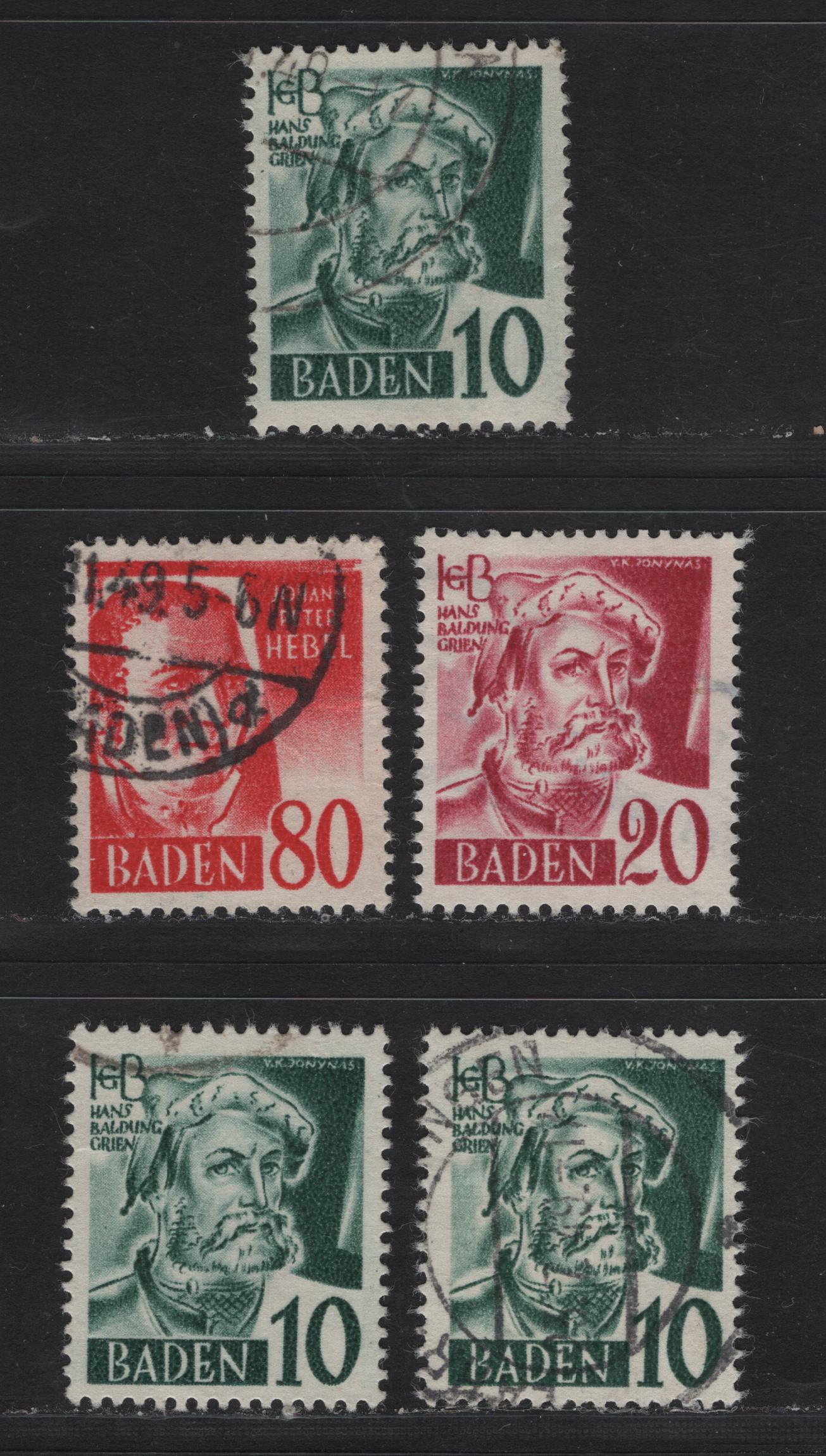 Lot 112 Germany - French Occupation of Baden SC#5N33, 5N37, 5N39 (Michel# 33YI-II, 34YbII, 36YI) 10pf - 80pf Dark Green - Red , 1948-1949 3rd Definitive Issue, 5 Very Fine Used Singles, Paper Y, Types 1 (10pf, 80pf) & 2 (10pf, 20pf)