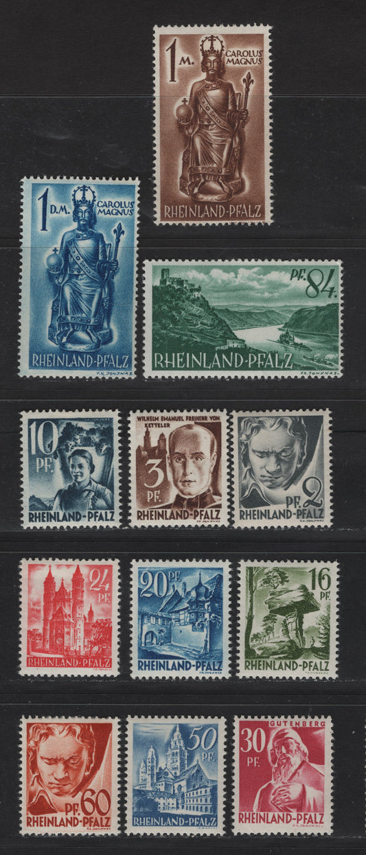 Lot 113 Germany - French Occupation of Rhineland SC#6N1/6N29 2pf - 1m Gray - Brown , 1947-1948 Pictorial Definitives, 12 F/VFOG/NH Singles, Paper Y, Various Types