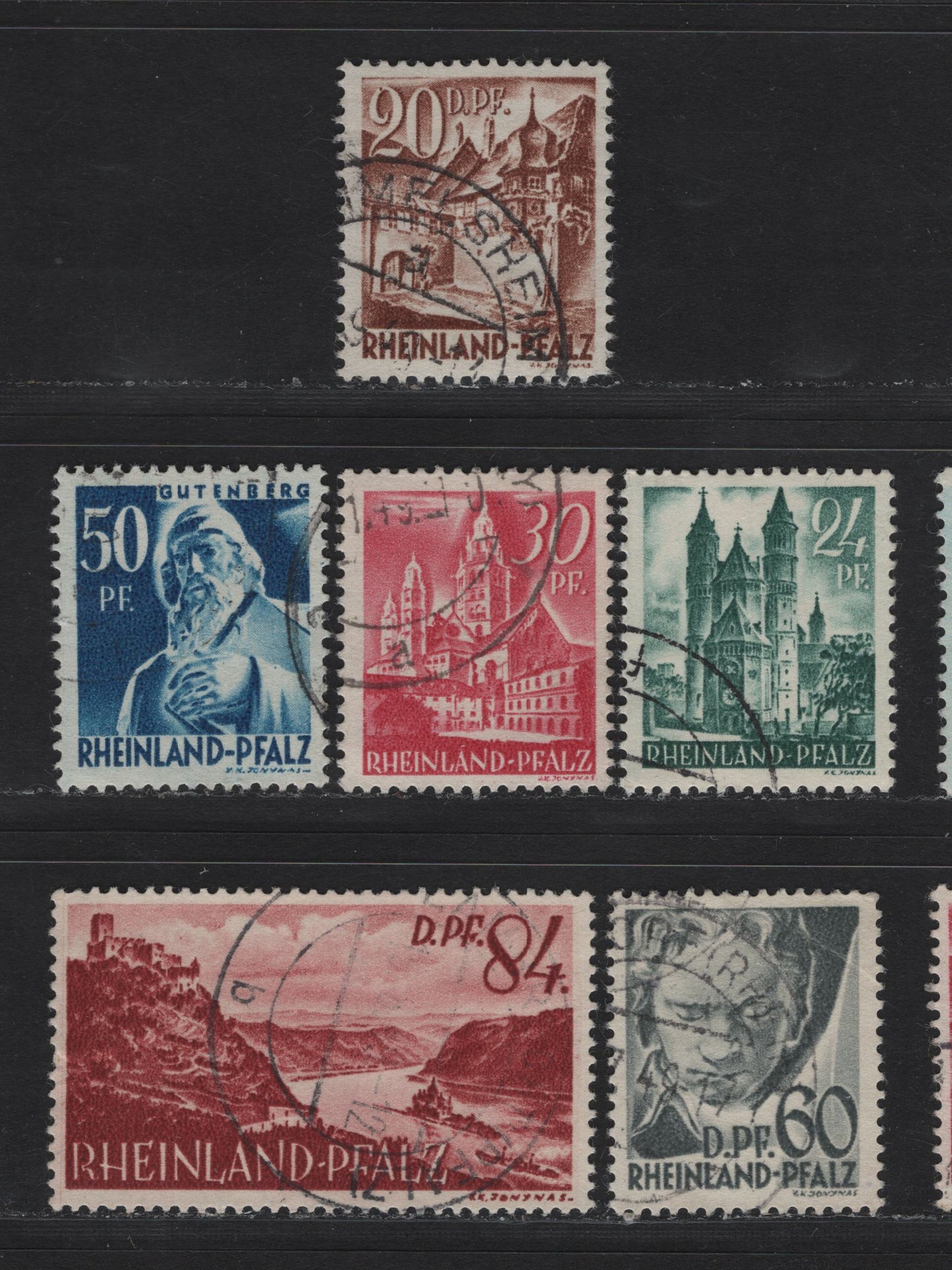 Lot 117 Germany - French Occupation of Rhineland SC#6N23-6N28 (Michel# 23YII-28Y) 20pf - 84pf Brown - Rose Brown , 1948 Reissued Pictorial Issue, 6 Fine/Very Fine Used Singles, Paper Y, Types 2 (20pf), 3 (24pf - 30pf) and 6 (60pf)