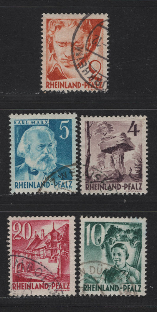 Lot 118 Germany - French Occupation of Rhineland SC#6N30-32, 6N34-35 (Michel# 32YaII-38YIII) 2pf - 20pf Brown Orange - Cerise , 1948-1949 Third Pictorial Issue, 5 Fine/Very Fine Used Singles, Without 'PF', Paper Y, Various Types.