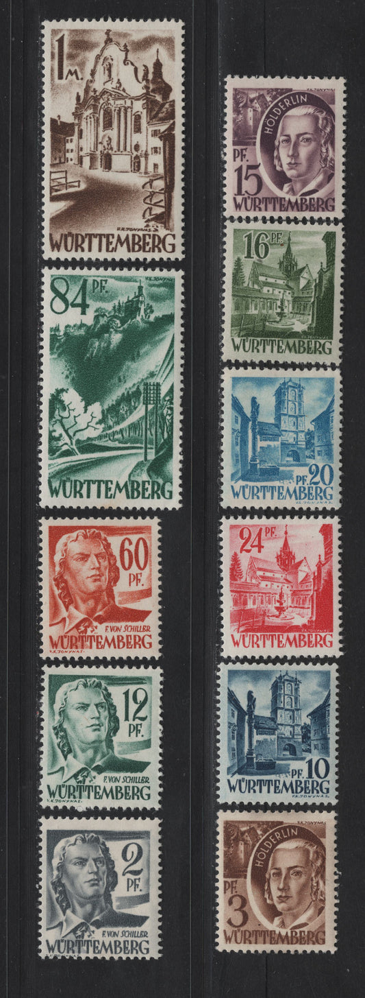 Lot 119 Germany - French Occupation of Wurttemburg SC#8N1/8N13 (Michel# 1gv/13YvI) 2pf - 1m Gray - Dark Brown , 1947-1948 Pictorial Issue, 11 F/VFOG Singles, Paper Y, Various Types
