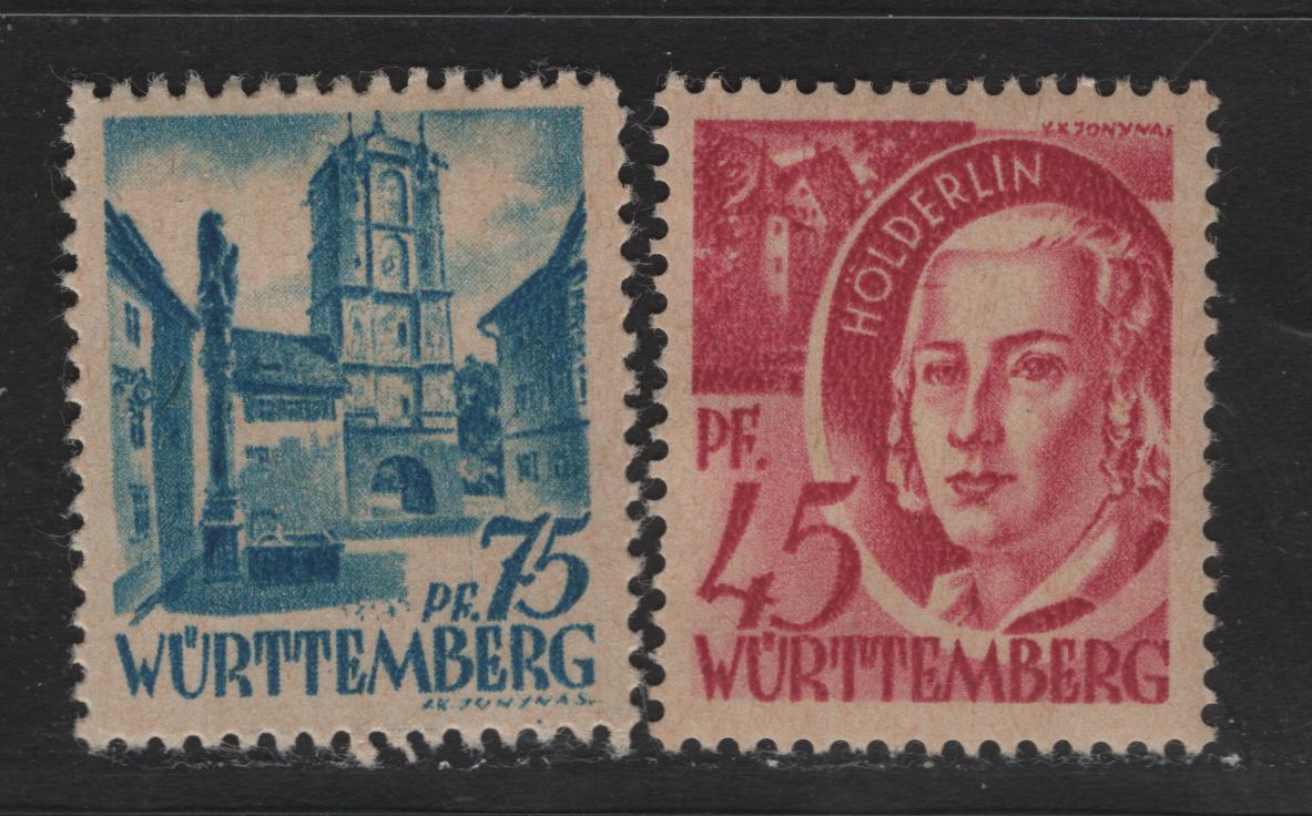 Lot 120 Germany - French Occupation of Wurttemburg SC#8N9, 8N11 (Michel# 9wII, 11vvI) 45pf - 75pf Cerise - Bright Blue , 1947-1948 Pictorial Issue, 2 VFOG Singles, Paper V (Toned) With Smooth Gum, 45pf Is Type 2, 75pf Is Type 1