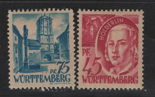 Lot 120 Germany - French Occupation of Wurttemburg SC#8N9, 8N11 (Michel# 9wII, 11vvI) 45pf - 75pf Cerise - Bright Blue , 1947-1948 Pictorial Issue, 2 VFOG Singles, Paper V (Toned) With Smooth Gum, 45pf Is Type 2, 75pf Is Type 1
