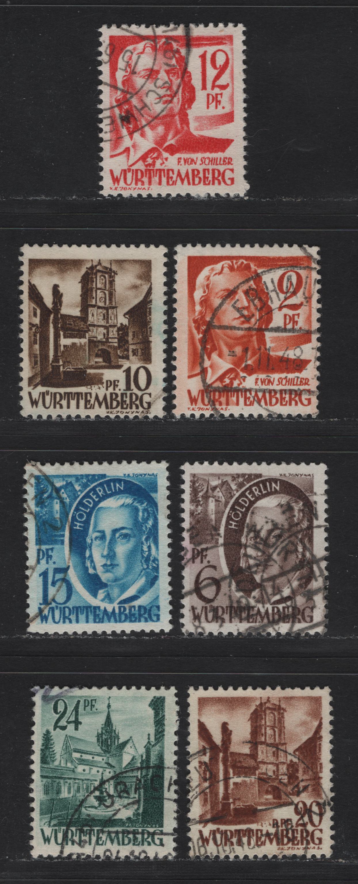 Lot 121 Germany - French Occupation of Wurttemburg SC#8N14-15, 8N17-19, 8N21-22 (Michel# 14y-21YI) 2pf - 24pf Dark Orange - Dark Green , 1948 Reissued Pictorial Issue, 7 Fine/Very Fine Used Singles, Paper Y, Type 1