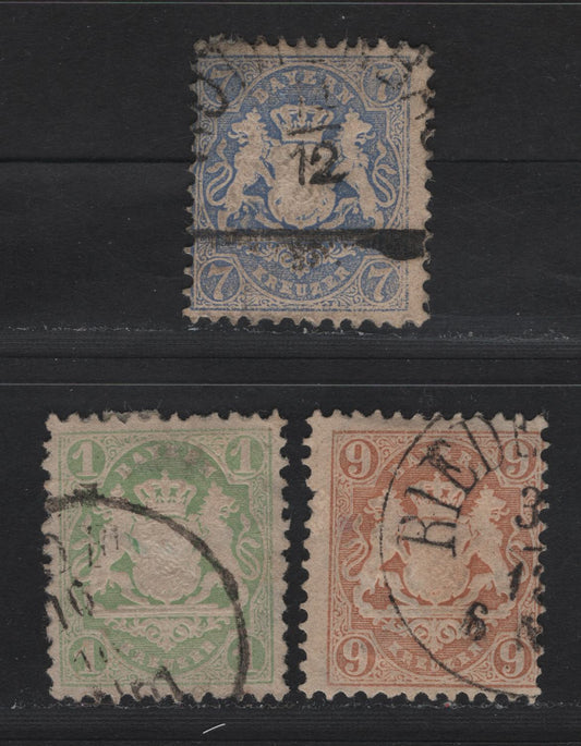Lot 124 Bavaria SC#23, 27, 26b 1kr - 9kr Green - Pale Brown , 1870-1872 Embossed Arms Issue, 3 Very Good/Very Fine Used Singles, Wide Diamons Wmk (1kr & 9kr) & Narrow Diamonds Wmk (7kr)