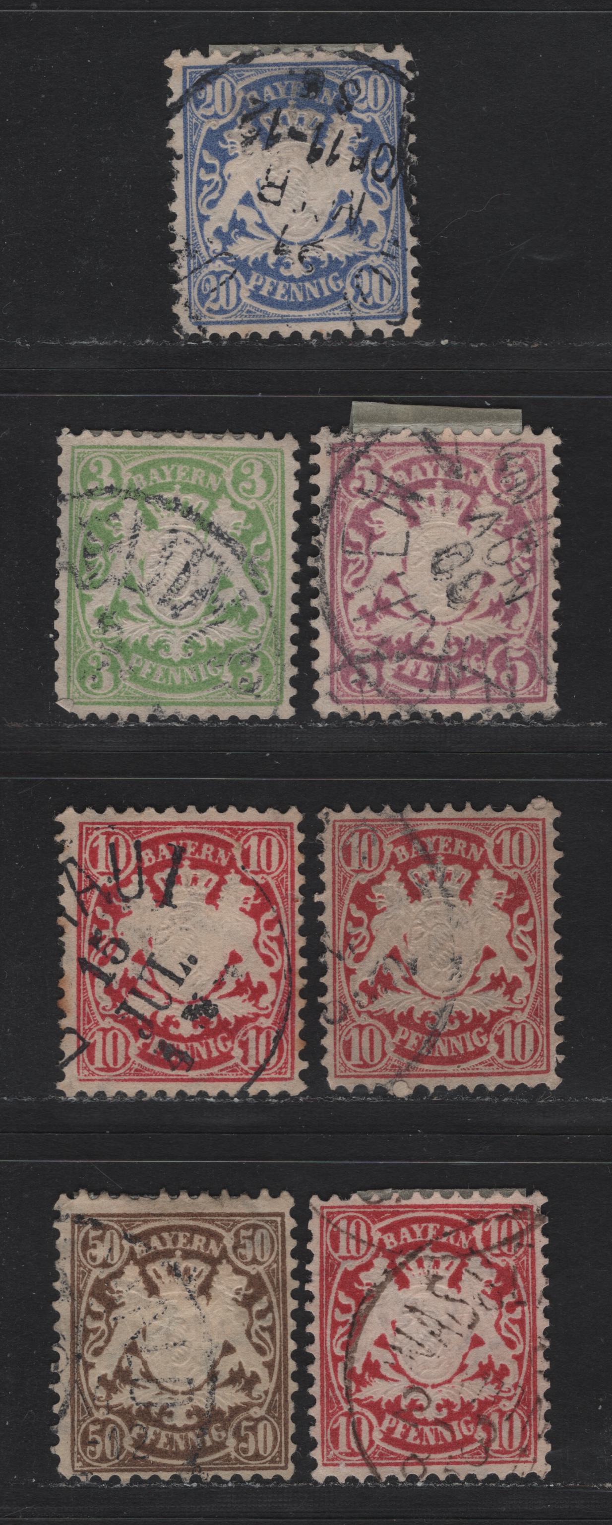Lot 126 Bavaria SC#48-51, 53 3pf - 50pf Green - Deep Brown , 1881-1911 Embossed Arms Issue, 7 Fine/Very Fine Used Singles, Vertical Wavy Line Wmk, 3 Shades Of 10pf