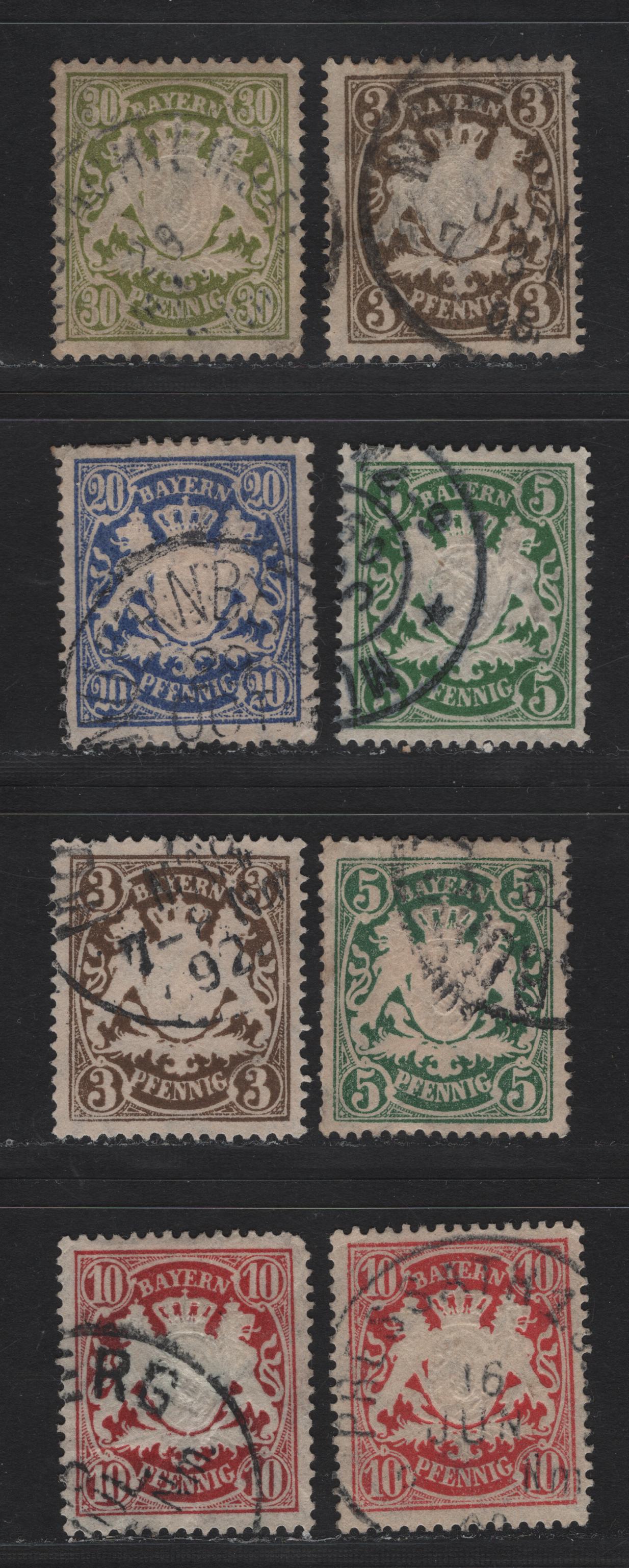 Lot 128 Bavaria SC#60, 62-64, 67 (Michel# 56By, 60xa,yb, 61y, 57By, 66g) 1pf - 30pf Grayish Brown - Yellowish Olive Green , 1888-1900 Embossed Arms Issue, 8 Fine/Very Fine Used Singles, White Paper, Horizontal Wavy Line Wmk