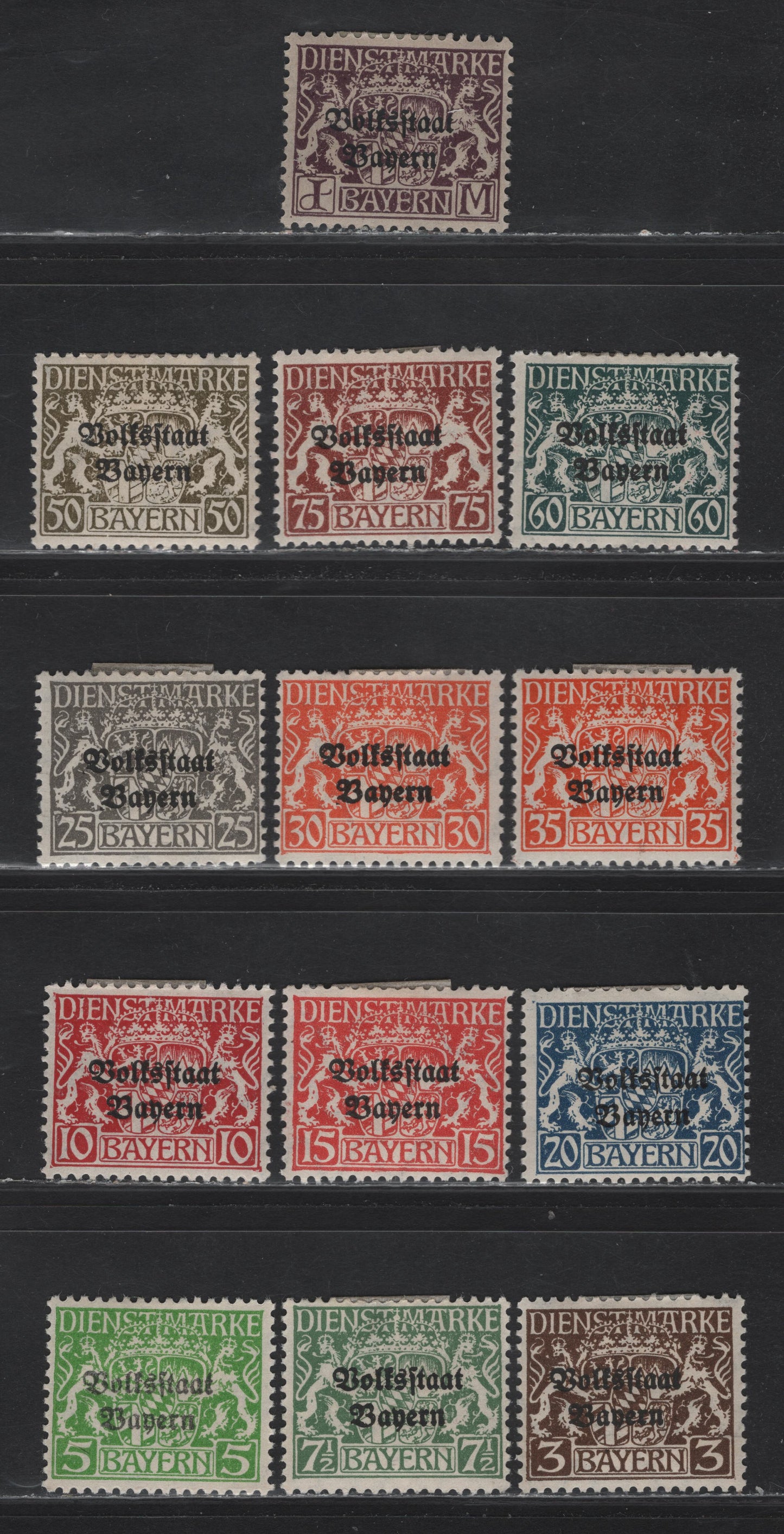 Lot 130 Bavaria SC#O20/O32 3pf - 1m Bistre Brown - Dull Violet & Gray , 1918 Plebiscite Overprinted Official Issue, 13 VG/F/VFOG Singles, Small Hinge Thin On 7.5pf
