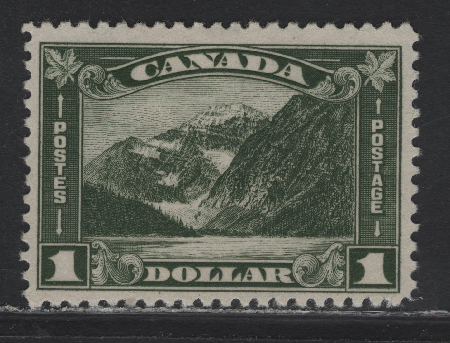 Lot 13 Canada (C) #177 $1 Bronze Green Mt Edith Cavell, 1930-1931 Arch/Leaf Issue, A VFOG Single, BABN-V Paper, Perf 10.8, 35x23.6mm Design.