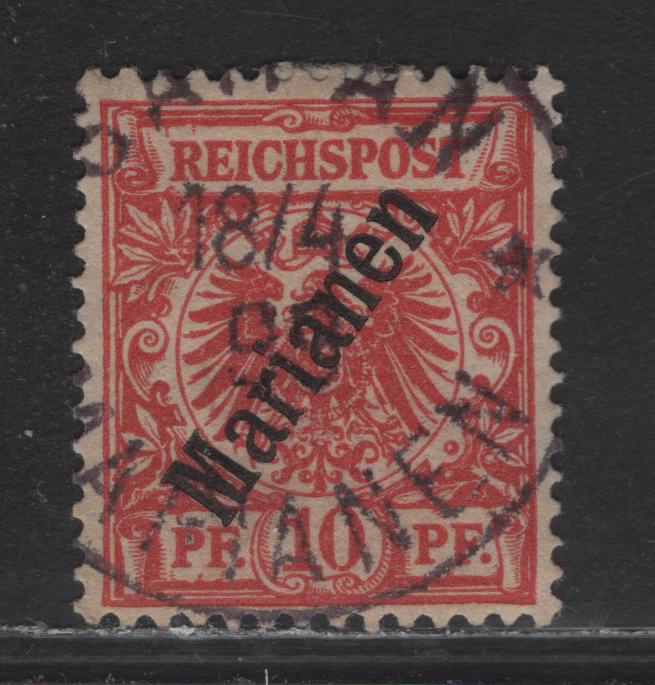 Lot 131 Mariana Islands SC#13 10pf Carmine , 1901 Kaiser Yacht Issue, A Very Fine Used Single, Overprinted at 56 Degree Angle, Favor Cancel April 18 1899 - Backdated As This Issue Didn’t Appear Until May 1900