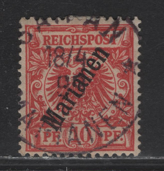 Lot 131 Mariana Islands SC#13 10pf Carmine , 1901 Kaiser Yacht Issue, A Very Fine Used Single, Overprinted at 56 Degree Angle, Favor Cancel April 18 1899 - Backdated As This Issue Didn’t Appear Until May 1900