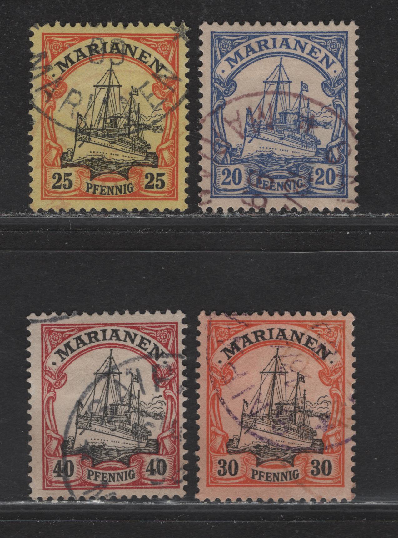 Lot 133 Mariana Islands SC#20-23 20pf - 40pf Ultramarine - Lake & Black , 1901 Kaiser Yacht Issue, 4 Fine/Very Fine Used Singles, Unwatermarked, Forged Cancels, All Dated 1899