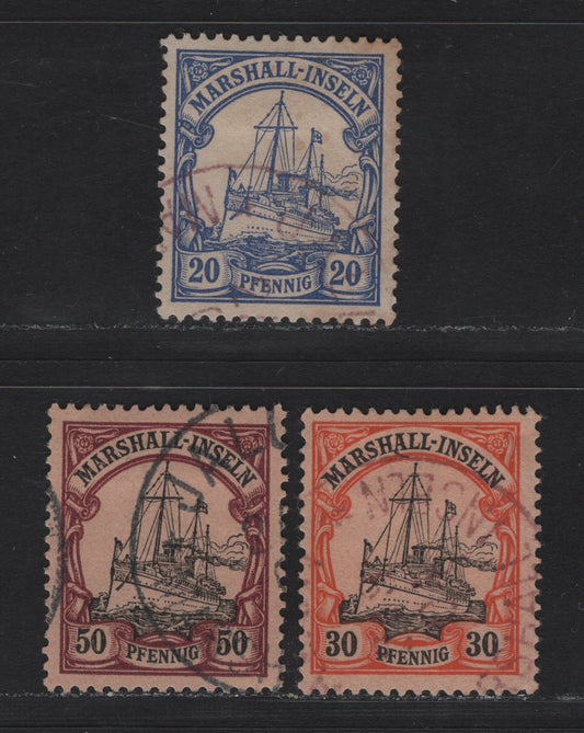 Lot 136 Marshall Islands SC#16, 18, 20 20pf - 50pf Ultramarine - Purple & Black , 1901 Kaiser Yacht Issue, 3 Very Fine Used Singles, Unwatermarked, Forged Cancellations, Ideal For Reference.