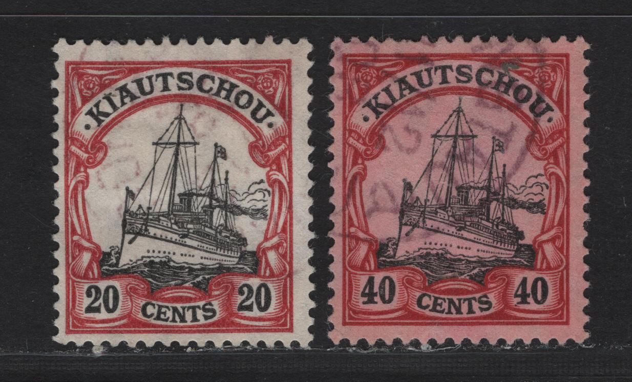 Lot 137 Kiauchau SC#37-38 20c - 40c Lake & Black , 1905-1916 Kaiser Yacht Issue, 2 Fine/Very Fine Used Singles, Lozenges Wmk, Both With Forged Cancels, Useful For Reference.