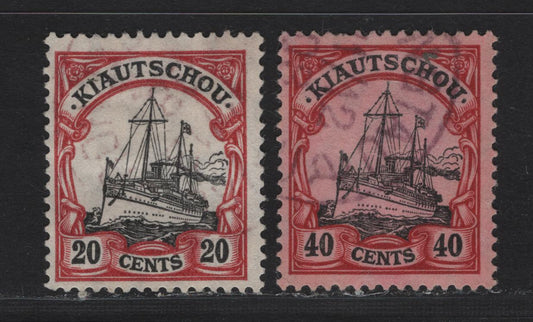 Lot 137 Kiauchau SC#37-38 20c - 40c Lake & Black , 1905-1916 Kaiser Yacht Issue, 2 Fine/Very Fine Used Singles, Lozenges Wmk, Both With Forged Cancels, Useful For Reference.