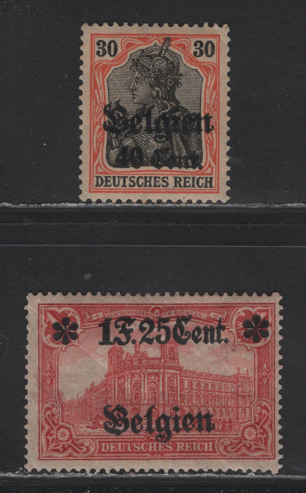 Lot 139 Belgium SC#N19, N23 (Michel# 19, 23Ba) 40c on 30pf - 1fr25c on 1m Orange & Black - Carmine , 1916-1918 Overprinted Germania Occupation Issue, 2 F/VFOG Singles, 1f25c Being The Shinier Black Overprint On 25x17 Hole Printing
